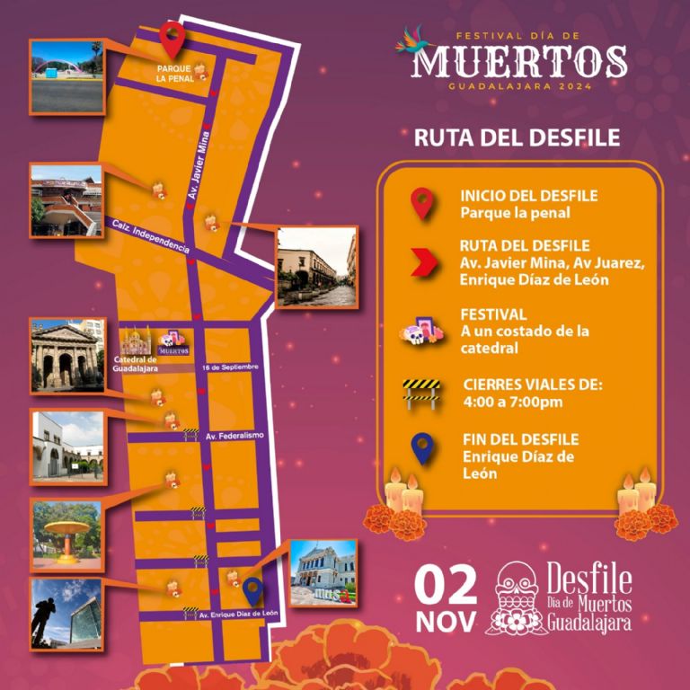 El Desfile del Día de Muertos 2024 en Guadalajara comenzará en el Parque La Penal y culminará en la av. Enrique Díaz de León.